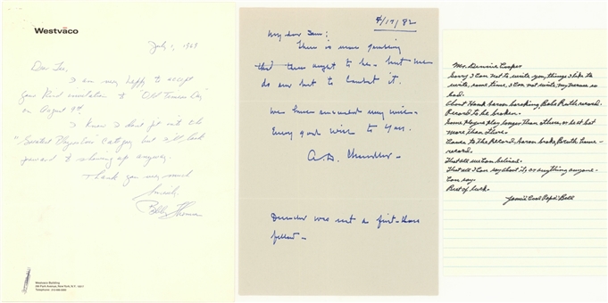 Lot of (3) Baseball Hall of Famers & Legends Signed & Handwritten Letters From Cool Papa Bell, Happy Chandler & Bobby Thomson (Beckett PreCert)